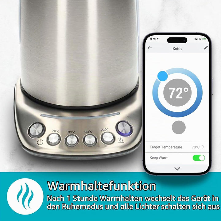 Nedis KAWK8000WIFI SmartLife Wasserkocher - Wi-Fi Steuerung - 1,7 l Edelstahl - 2200 W - Temperatura
