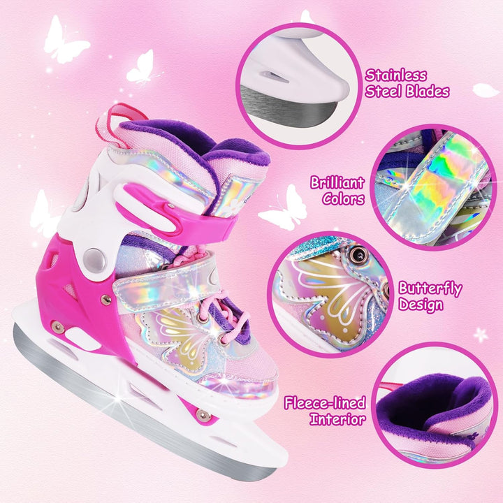 Nattork Mädchen-Eislaufschuhe für Kinder, 4-Fach verstellbar, Butterfly-Eislaufschuhe mit Fleecefutt