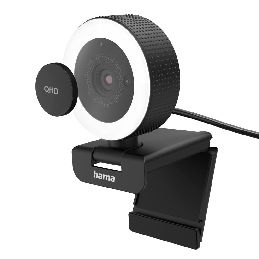 Hama Webcam mit Licht, Fernbedienung, Zoom, mobil (QHD 2K PC-Kamera mit Dual Mikrofon, Streaming-Cam