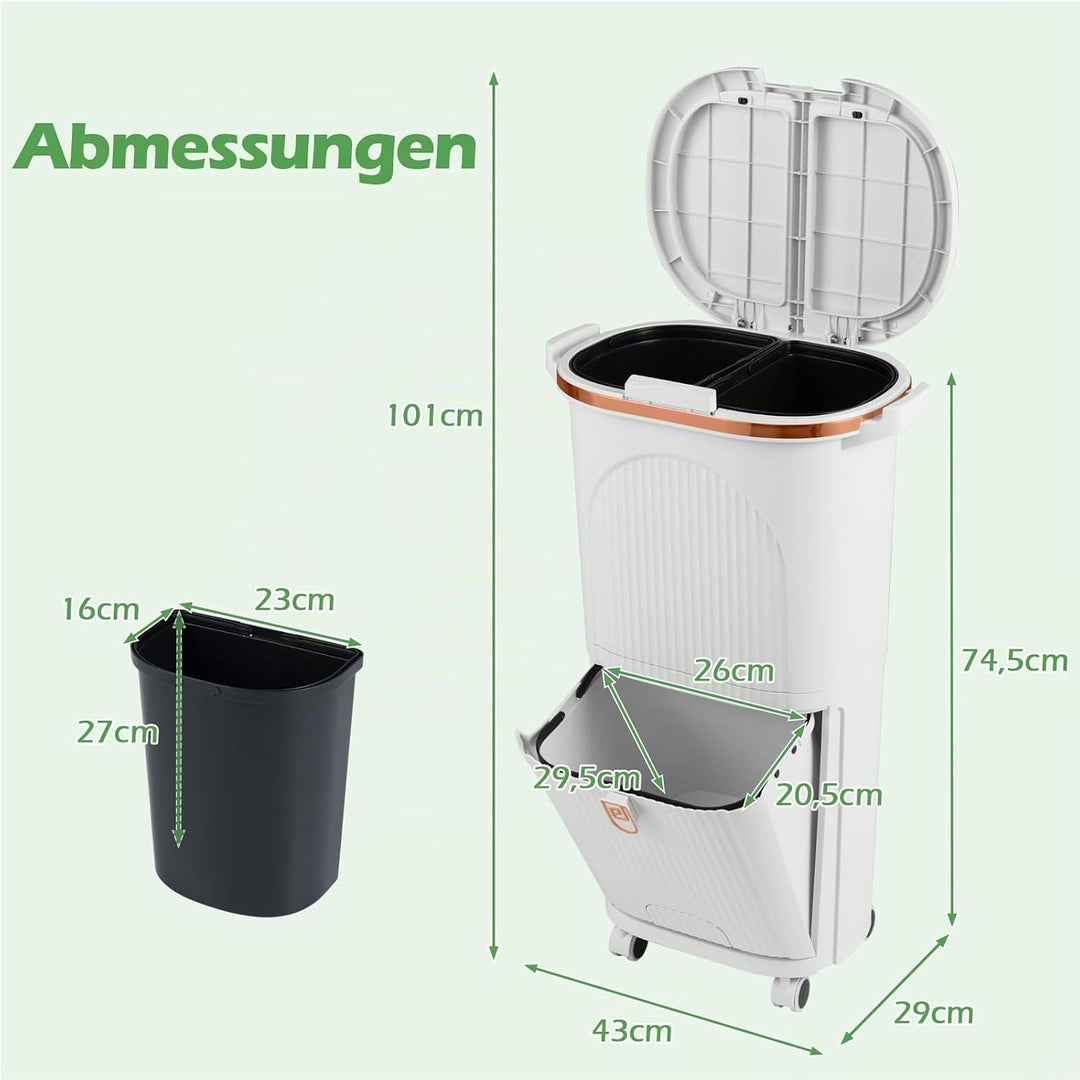 COSTWAY Mülleimer Küche, Mülltrennsystem 3 Fächer, 2 x 12L Inneneimer &amp; 14L Treteimer, Abfalleimer m