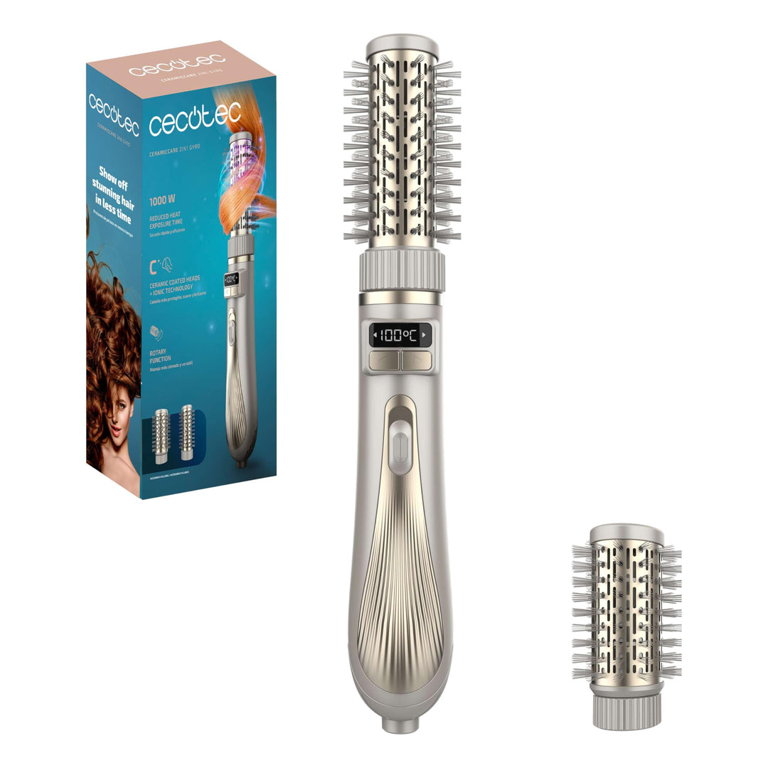 Cecotec CeramicCare 2-in-1 Gyro Luftbürste mit 2 Bürstenköpfen, 1000 W, doppelter Keramikkopf, Rotat