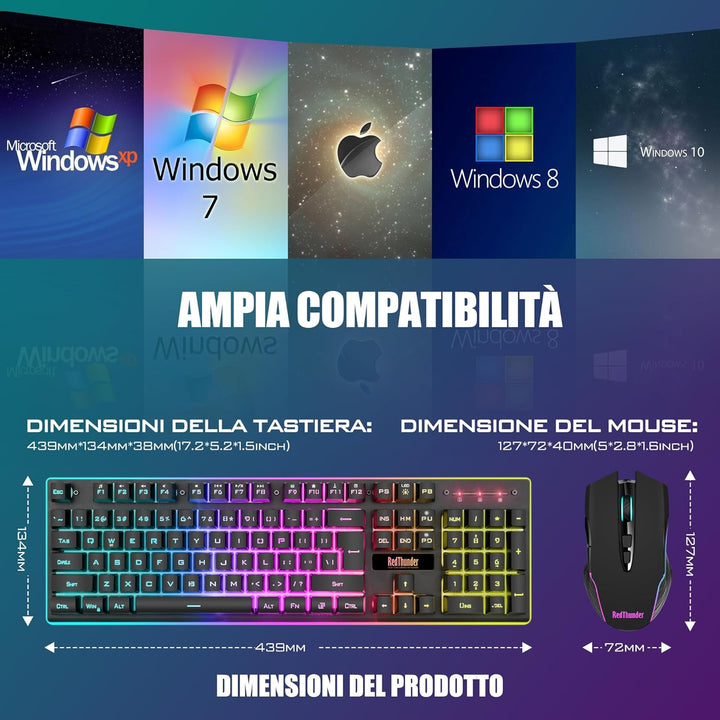 RedThunder K10 Combo Gaming-Tastatur, kabellos, IT-Layout, wiederaufladbarer Akku mit 3000 mAh und L