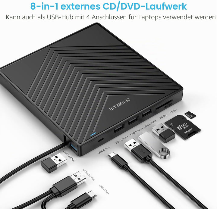 ORIGBELIE Externes DVD Laufwerk, ultraflacher CD-Brenner USB 3.0 mit 4 USB-Anschlüssen und 2 TF/SD-K