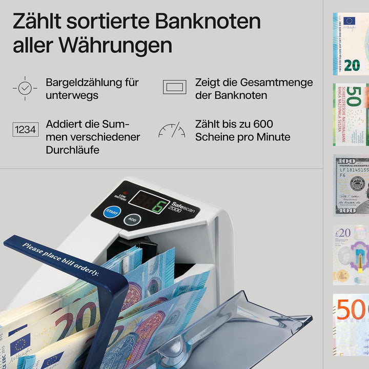 Safescan 2000 Tragbare Geldzählmaschine, zählt sortiert Geldscheine - Banknotenzähler für unterwegs