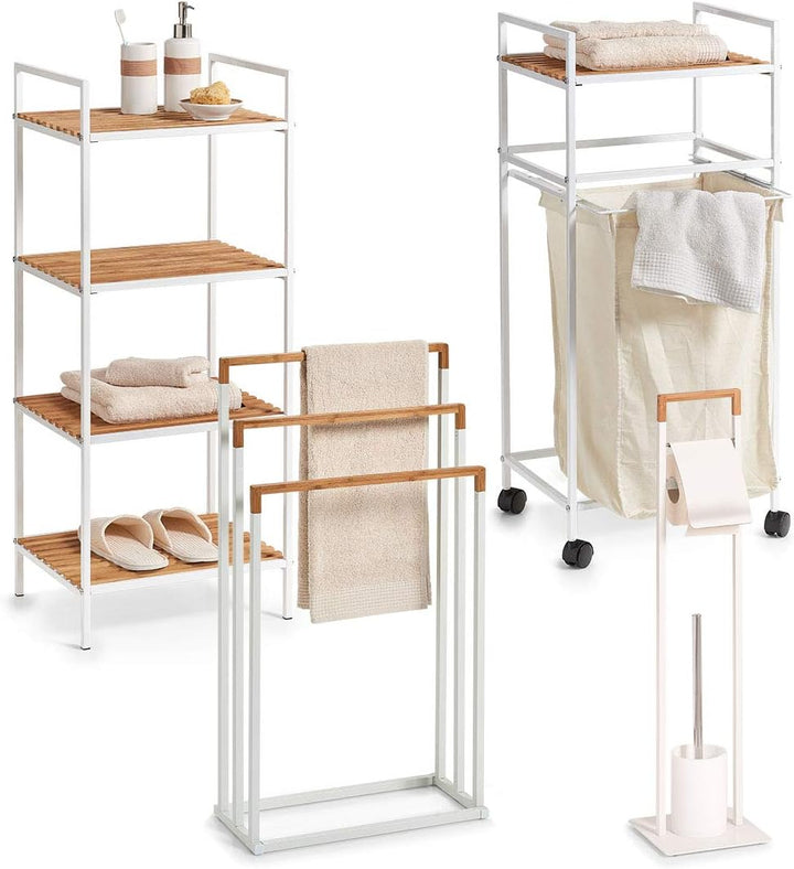Zeller 18723 WC-Garnitur, Metall/Bamboo, weiss, ca. 19 x 19 x 74,5 cm, Toilettenpapierhalter mit WC-
