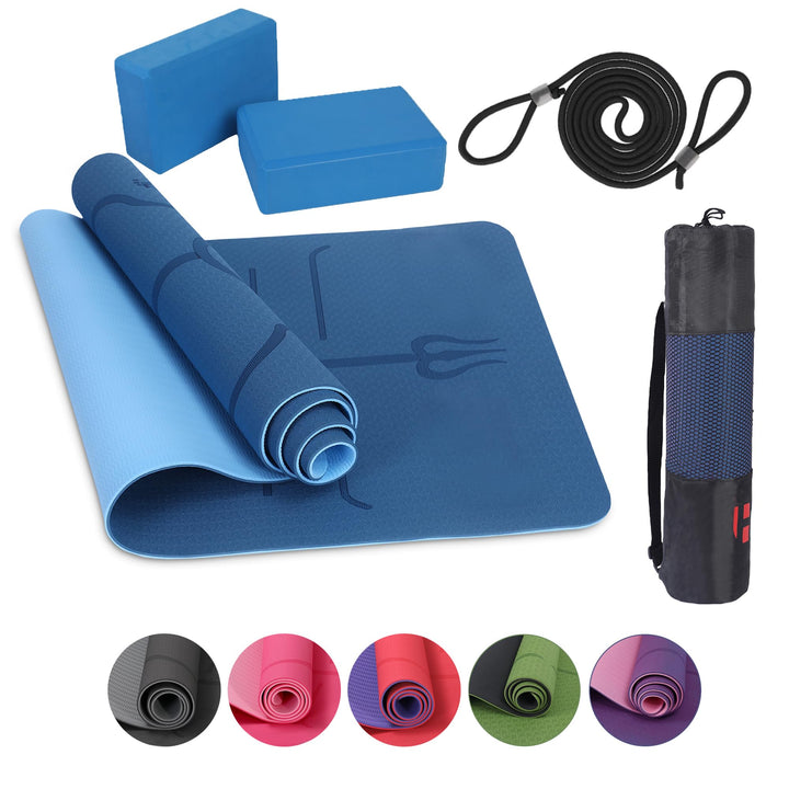 Habib Yogamatte Set mit Yogablöcken – Rutschfeste gepolsterte Fitnessmatte inkl. Tragetasche mit Sch