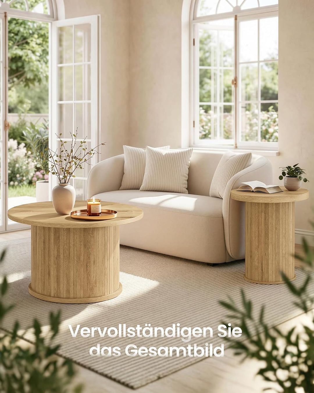 VASAGLE Couchtisch rund, 80 cm Wohnzimmertisch, Tambour-Design | Geschwungene Form, einfache Montage