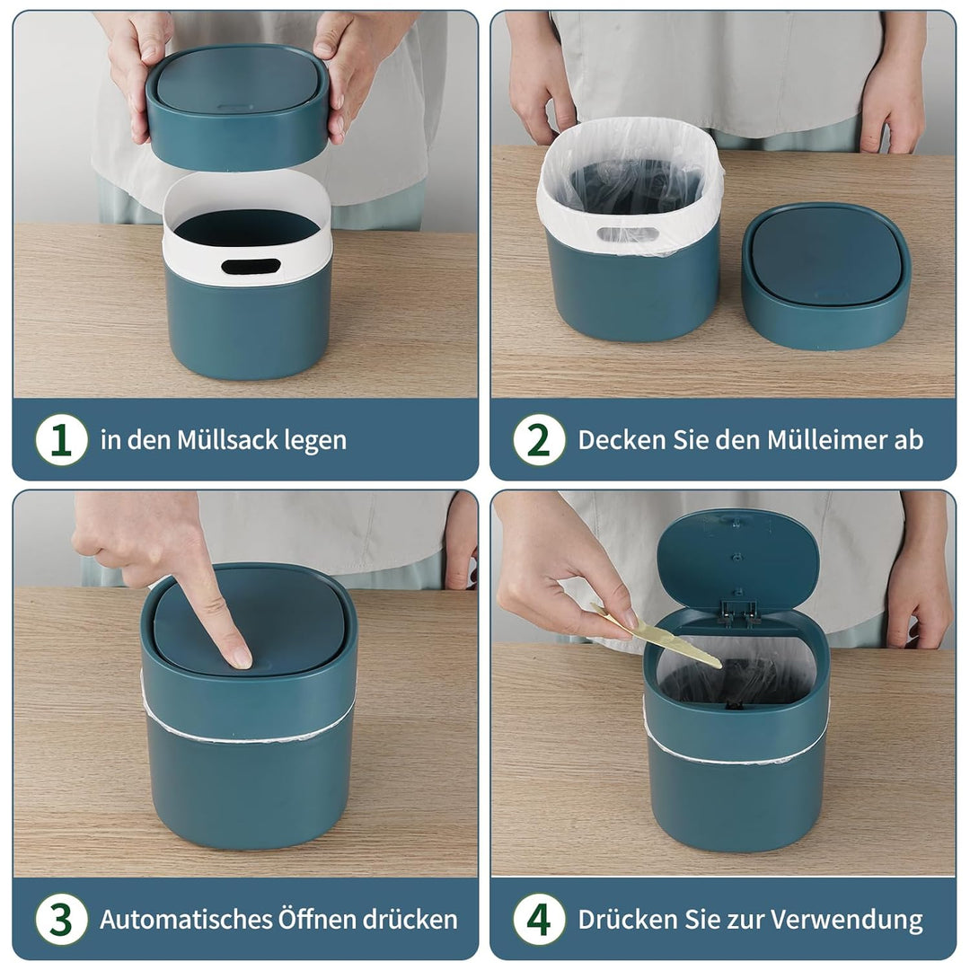 Tischabfalleimer mit Deckel 2L mit Müllsäcken 180 Stück, Mini Tischmülleimer für Den Waschtisch Küch