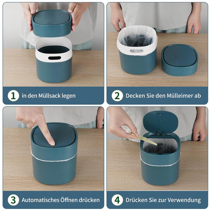 Tischabfalleimer mit Deckel 2L mit Müllsäcken 180 Stück, Mini Tischmülleimer für Den Waschtisch Küch