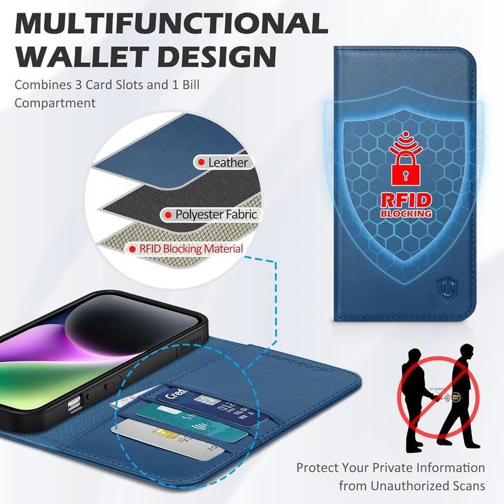 SHIELDON Hülle für iPhone 14 Schutzhülle [Rindsleder] [Stossfest ] [Standfunktion] [Kartenfach] TPU