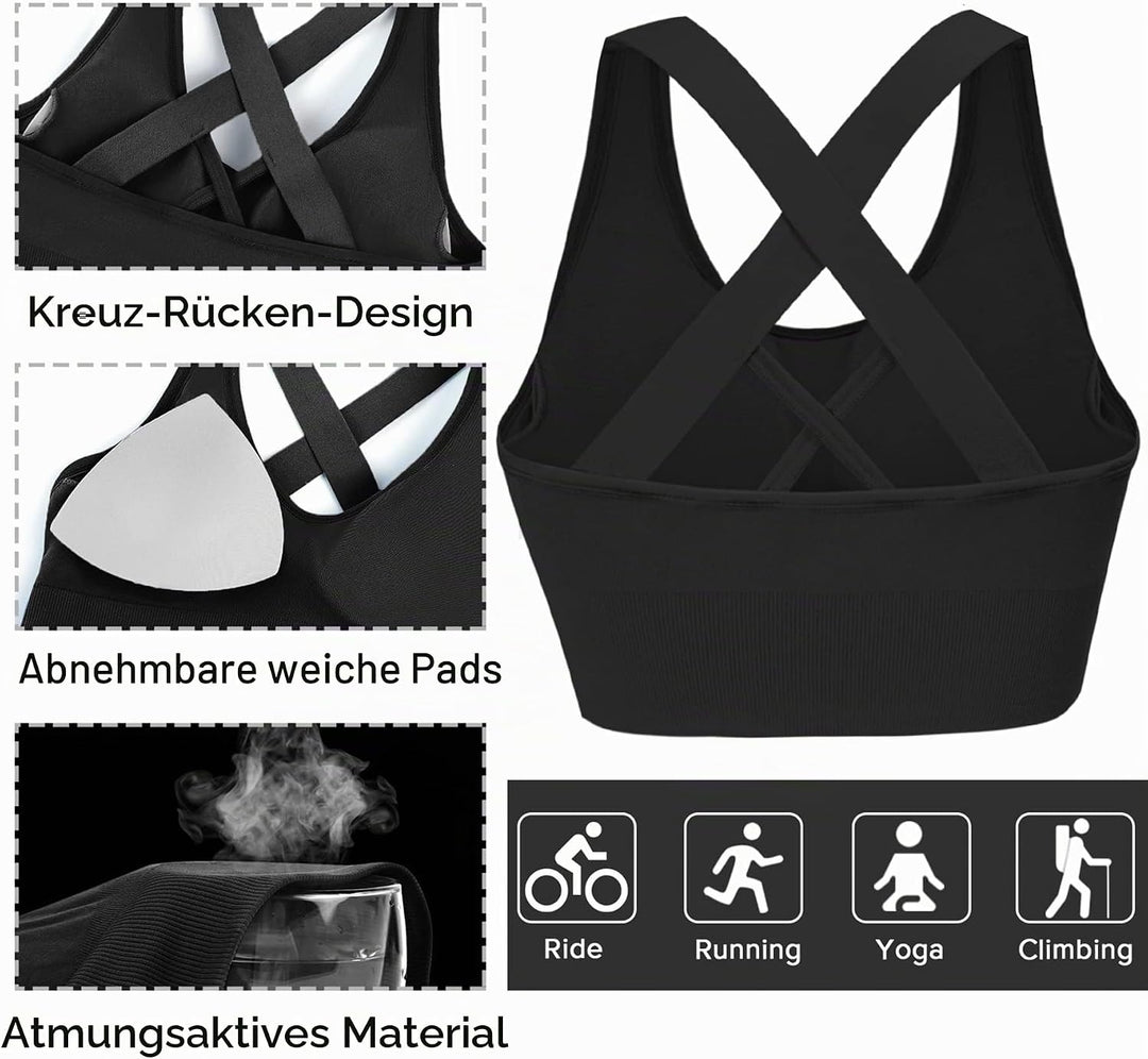 Sport BH Damen Push up, Sports Bra Ohne Bügel Sport BH Rückenfrei, mit Breiten Trägern für Besseren