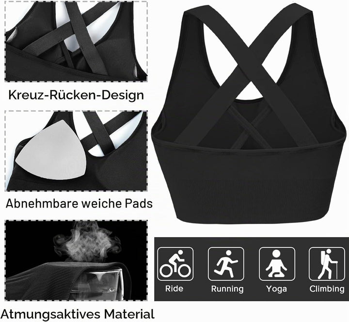 Sport BH Damen Push up, Sports Bra Ohne Bügel Sport BH Rückenfrei, mit Breiten Trägern für Besseren
