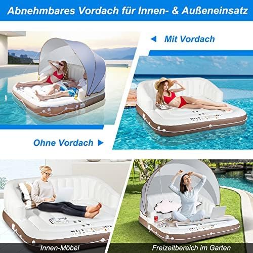 FANTASK Luxus-Inselbett XXL, Aufblasbare Schwimminsel mit einziehbarer & Abnehmbarer Überdachung, Ba