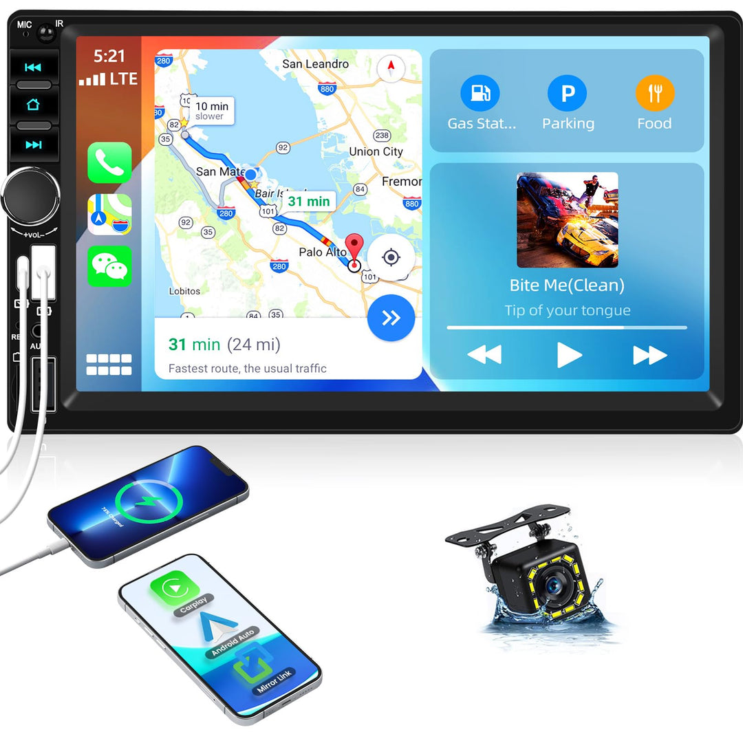 CAMECHO Autoradio mit IPS Bildschirm,7 Zoll 2 Din Apple CarPlay Android Auto Touch Screen Display, W
