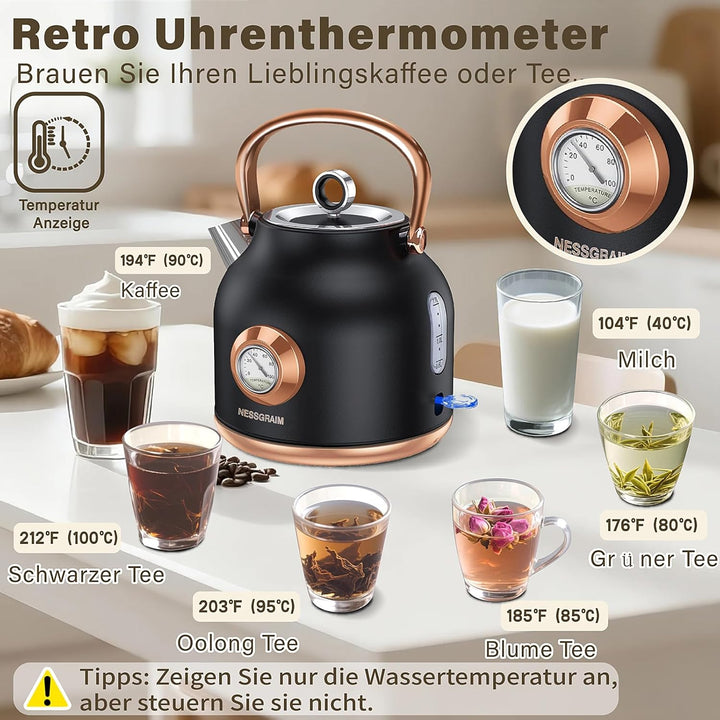 NESSGRAIM Retro Wasserkocher, 1,7 l Edelstahl-Teekessel mit Grosser Temperaturanzeige, 2200W Schnell