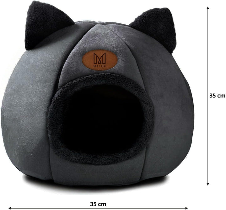 Katzenhöhle mit Ohren, Plüsch-Katzenbett, Schwarz, rutschfeste Unterseite, Schwarz