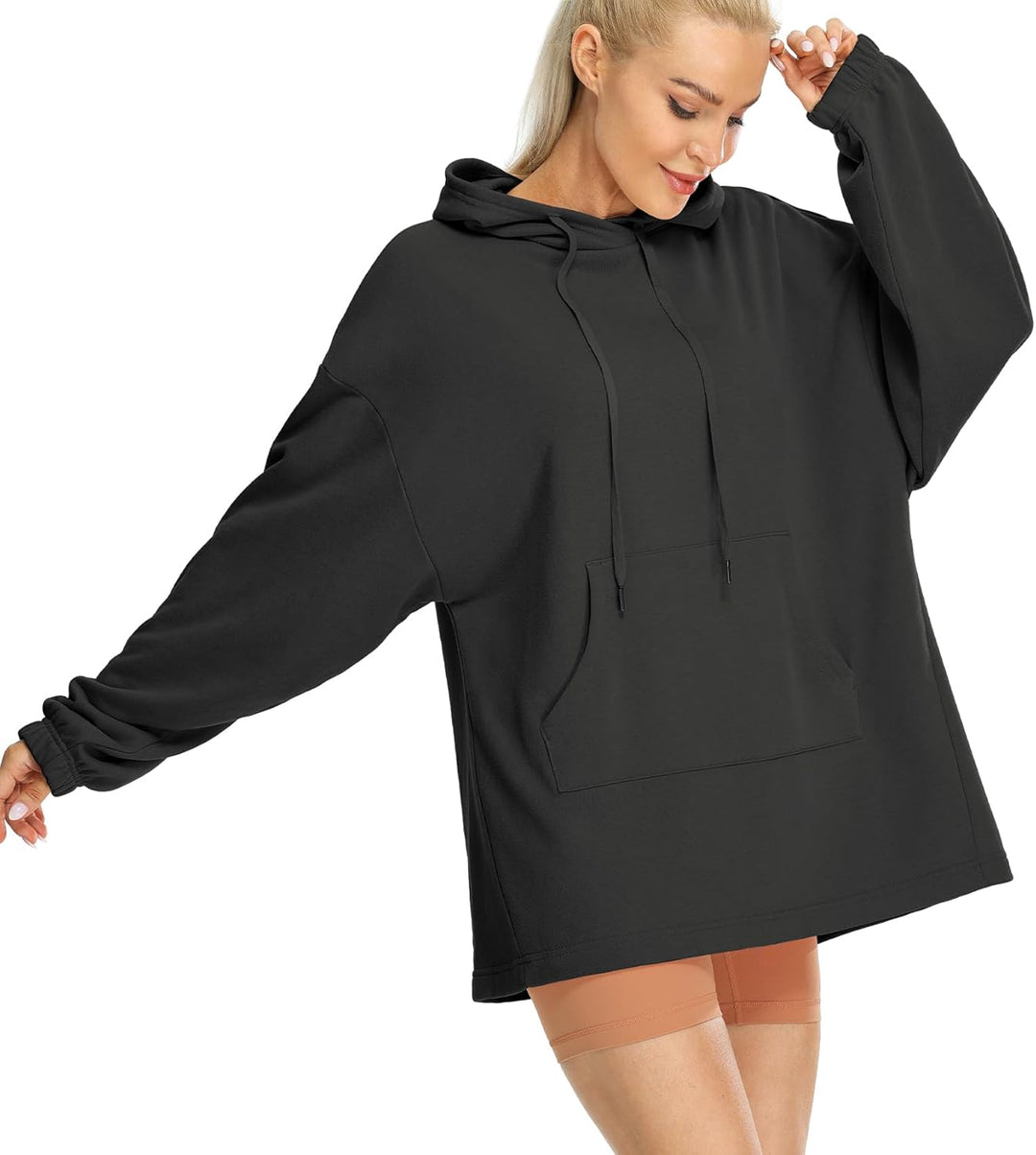 icyzone Damen Lang Oversize Hoodie Fleece Kapuzenpullover Casual Sweatshirt mit Kängurutasche S Schw