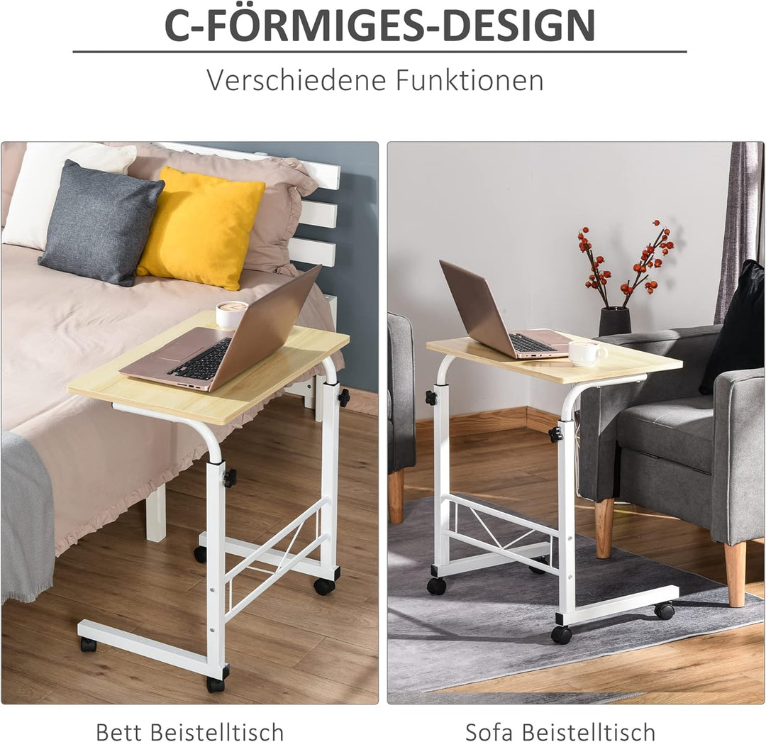 HOMCOM Beistelltisch Höhenverstellbar 60 x 40 x 68-78 cm Weisse Ahornfarbe | Couchtisch, Mobiler End