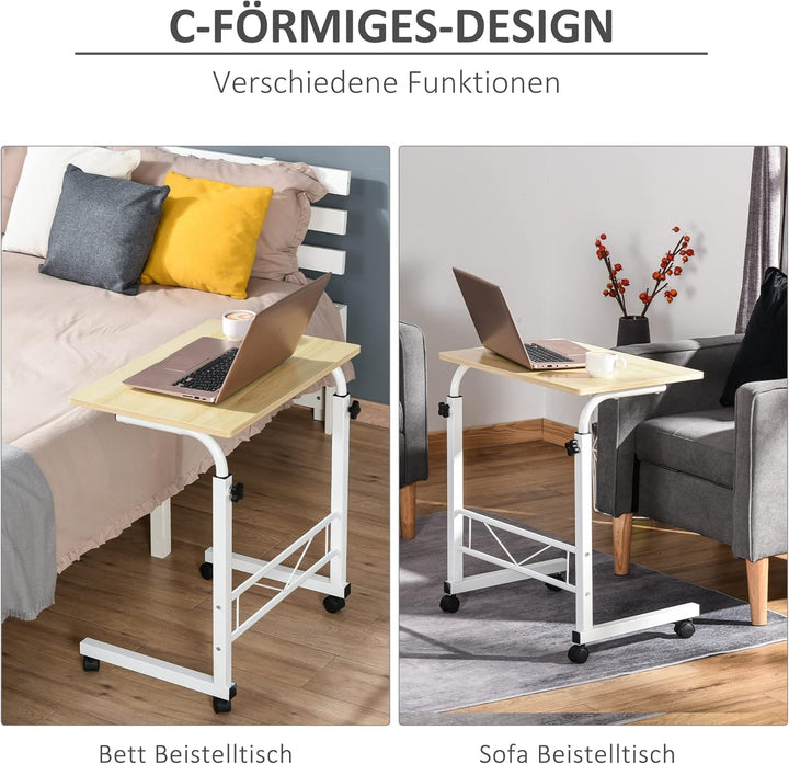 HOMCOM Beistelltisch Höhenverstellbar 60 x 40 x 68-78 cm Weisse Ahornfarbe | Couchtisch, Mobiler End