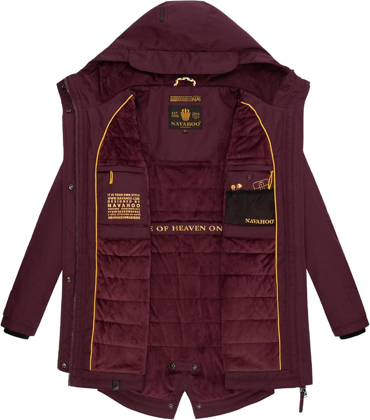Navahoo Damen Übergangsjacke Warmer Kurzmantel Regenjacke mit Kapuze Brinjaa XS-XXL S Wine, S Wine