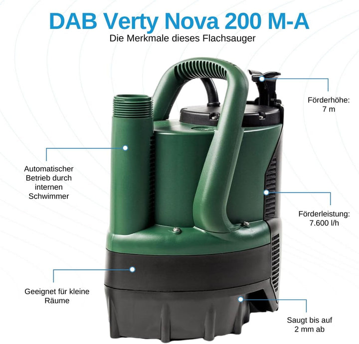 DAB VERTY NOVA 200 M-A Flachsauger-Tauchpumpe - 7.600 L/Std. - 300W - Förderhöhe 7 m - Korngrösse 5
