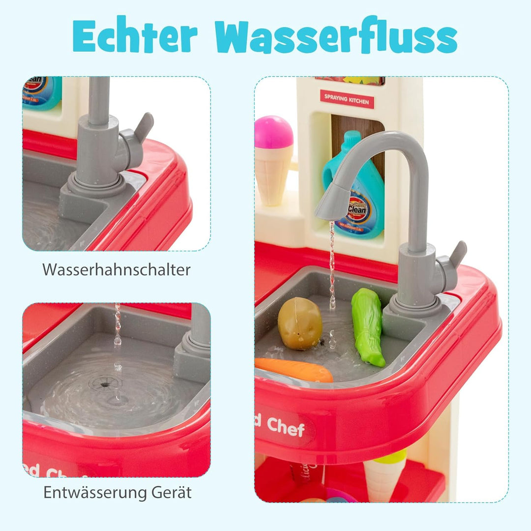 COSTWAY 65 TLG. Kinderküche mit Lichter, Musik und Sound, Spielküche inkl. Zubehör, Kinderspielküche