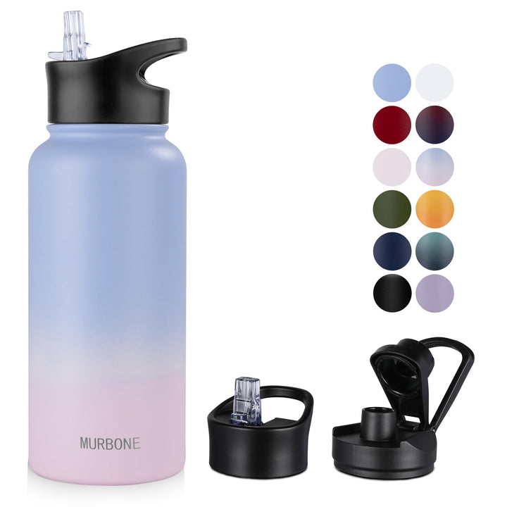 MURBONE Edelstahl Trinkflasche 1L, (+2 Deckel)-mit Strohhalm,BPA frei,Thermosflasche Auslaufsicher,K