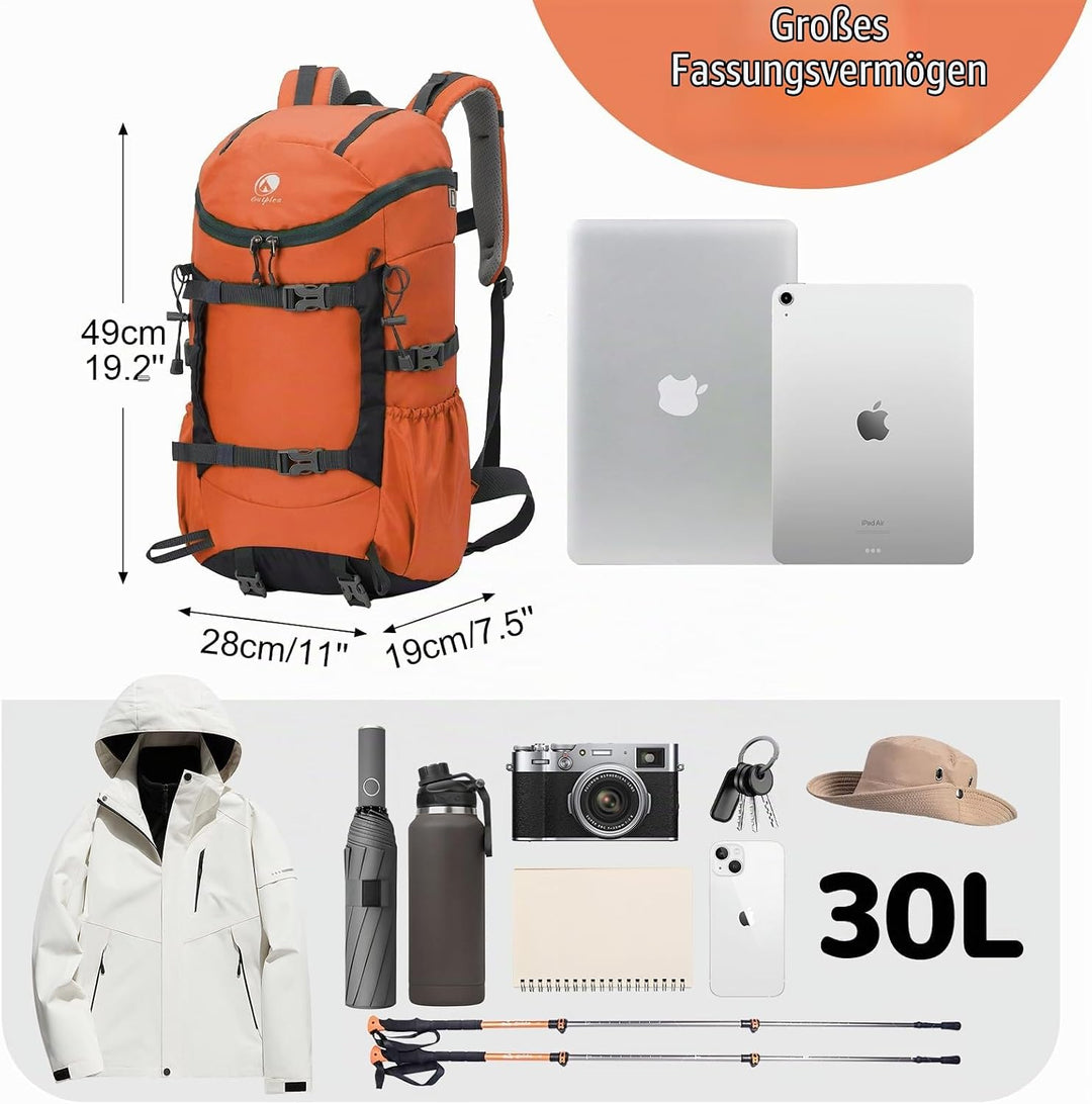 30L Leicht Wanderrucksack Herren Damen, Multifunktional Reiserucksack mit Skateboard Gurte, Tagesruc