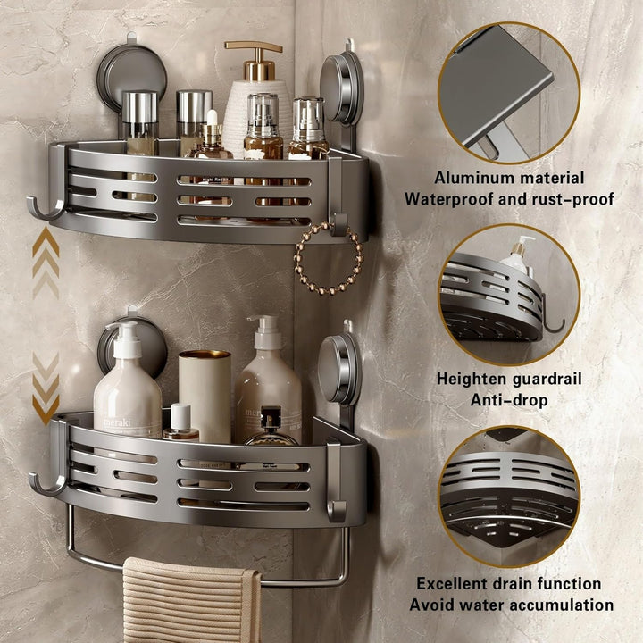 Voldra Duschablage Ohne Bohren, Duschregal Ecke Saugnapf Badezimmer Regal Wand Duschkorb mit Handtuc