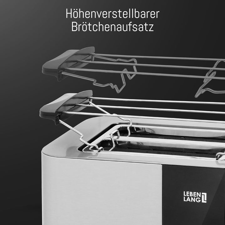 LEBENLANG Langschlitz Toaster 4 Scheiben mit Brötchenaufsatz - Touchscreen LED Display & 7 Stufen I