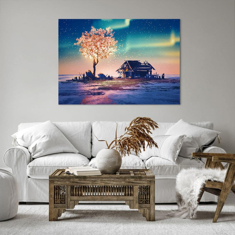 ARTTOR Bilder auf Leinwand 100x70cm Leinwandbild Baum Haus Nacht Sterne Gross Wanddeko Bild Schlafzi