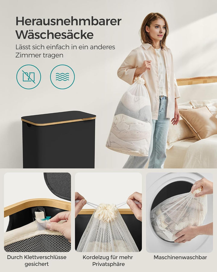 SONGMICS Wäschekorb mit Deckel, Wäschesammler mit 2 Fächern, 130 L, herausnehmbarer Wäschesack, Oxfo