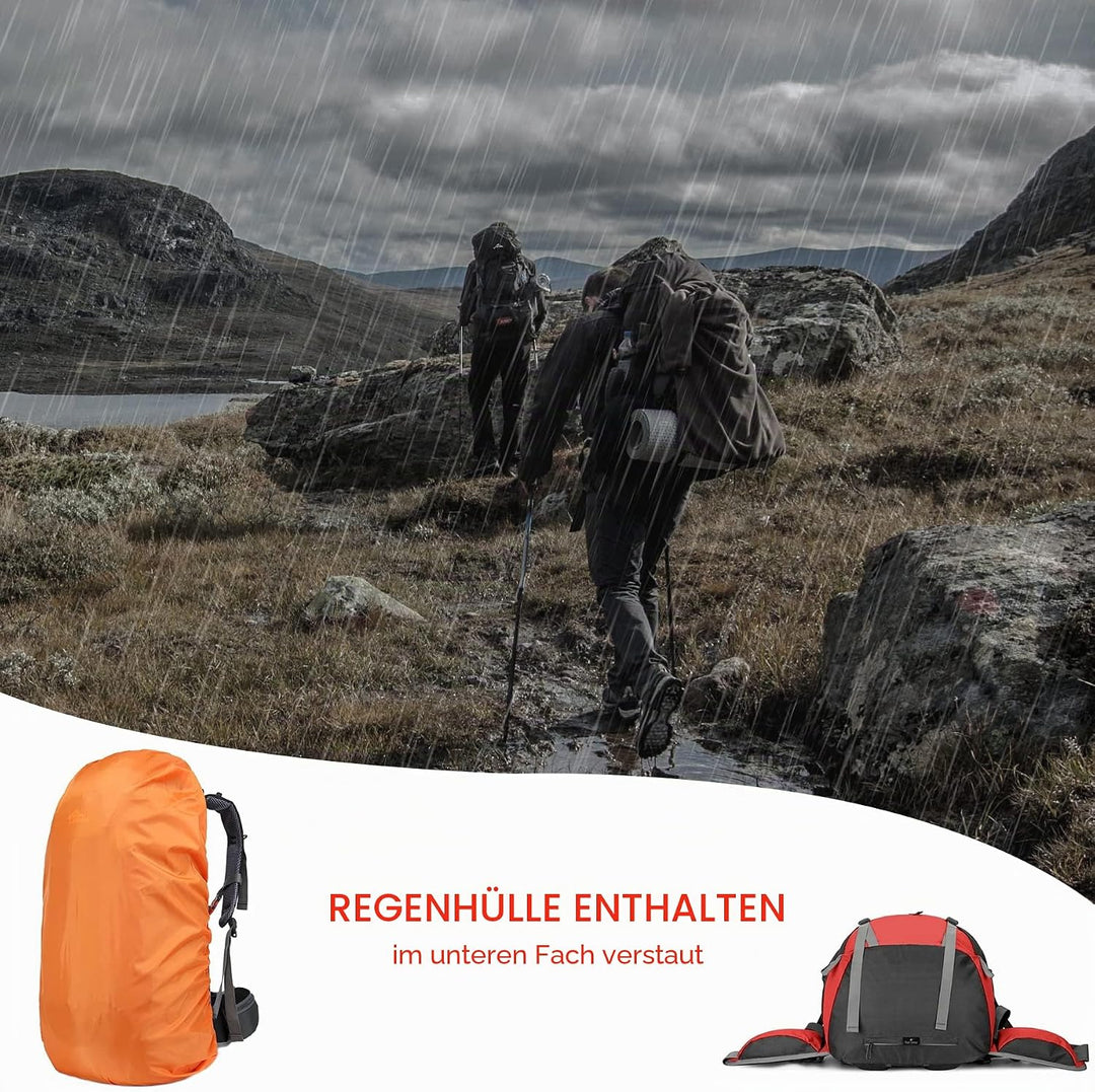 Loowoko 50 l Wanderrucksack, wasserdichte Camping-Essentials-Tasche mit Regenschutz, 45 + 5 Liter le