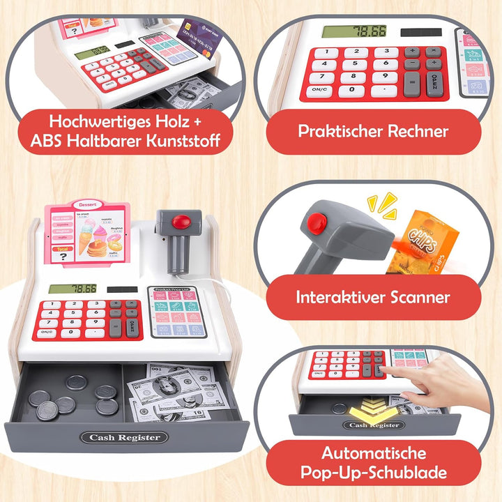 JONRRYIN Holz Kasse Kinder Spielzeug, Spielkasse Kinderkasse mit Scanner & Sound, Spielgeld Einkaufs