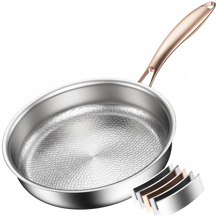 Edelstahlpfanne 28cm unbeschichtet, Titan Pfanne Induktion, 18/10 Edelstahl Bratpfanne mit Roségoldg