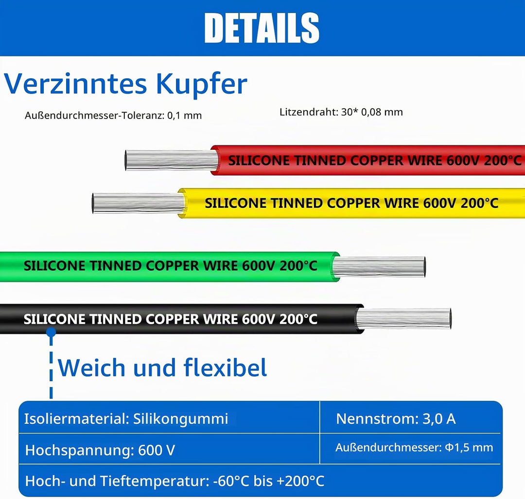 Elektrokabel, Silikonkabel -HuLuWa 26 AWG 0,13mm² Silikon Elektrischer Draht Kabel(6 Farbe, Spule 9