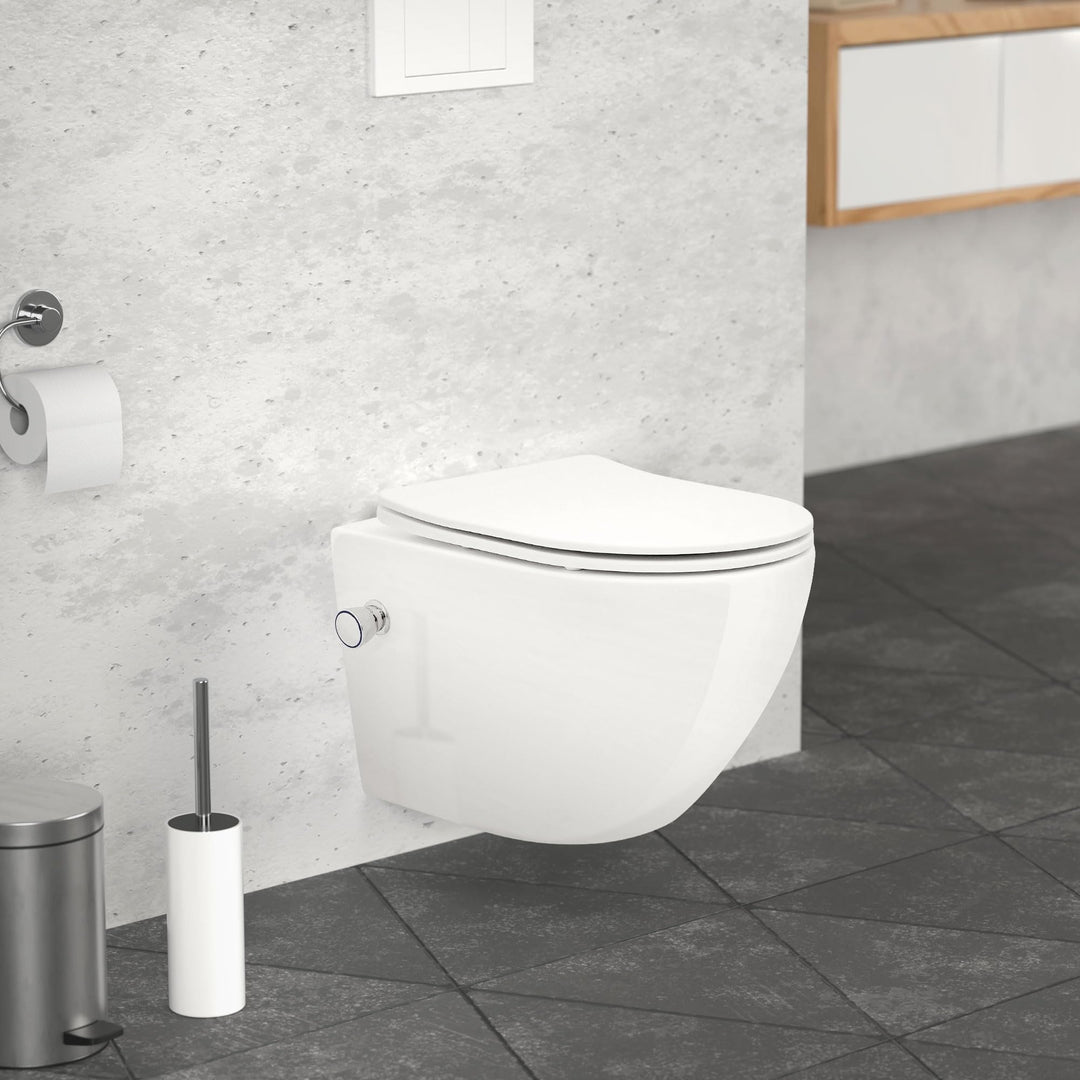 LuxeBath Spülrandloses Wand Hänge Dusch WC Weiss kurz aus Keramik mit Bidet-Funktion, Wand WC mit WC
