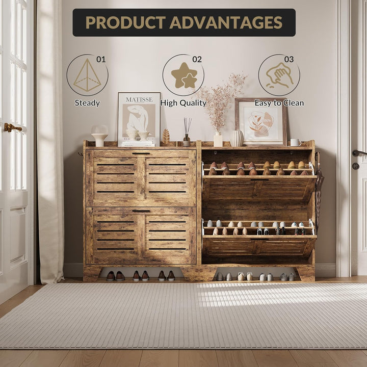 GarveeHome Schuhschrank, Schuhkommode, Schuhregal mit 2 Klapptüren, lüftende Lamellenfront & Haken,