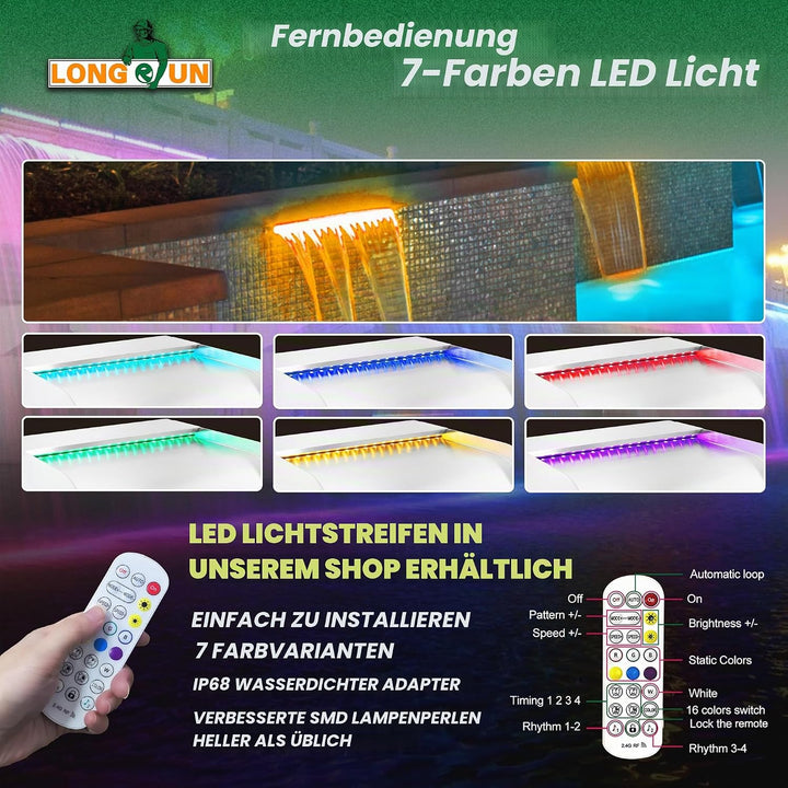 LONGRUN 30cm Teich Wasserfall Set,304 Edelstahl Pool Wasserfall mit RGB LED und Fernbedienung, Breit