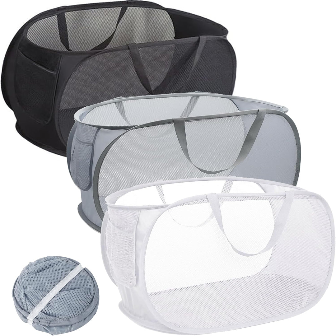 3er Set Pop-up Wäschekorb Faltbar, Laundry Baskets mit Henkel, Klappbarer Wäschesammler aus Mesh, fü