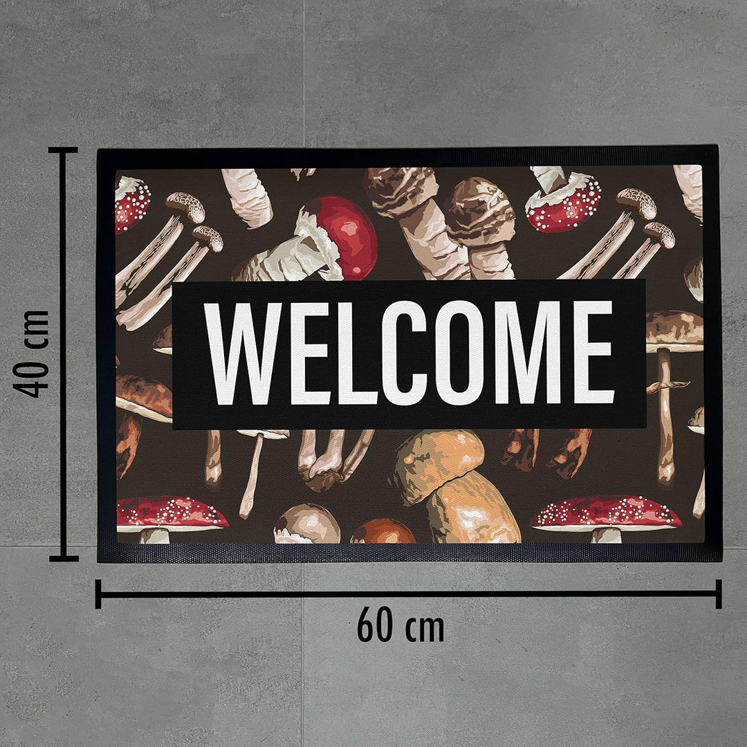 Trendation - Welcome Fussmatte Pilze Wald Muster Willkommen Geschenk Aussen Innenbereich 60x40 cm Sc