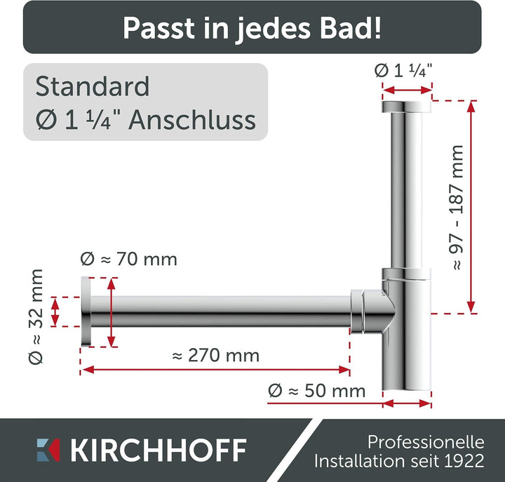 Kirchhoff Design Siphon, Abfluss, Ablaufgarnitur für Waschbecken und Waschtisch, Geruchsverschluss m