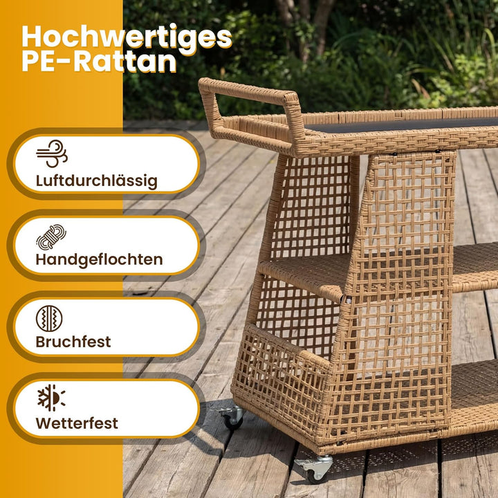 COSTWAY Servierwagen mit Rollen, Rattan Küchenwagen mit Arbeitsplatte & offenen Ablagen & seitlichem