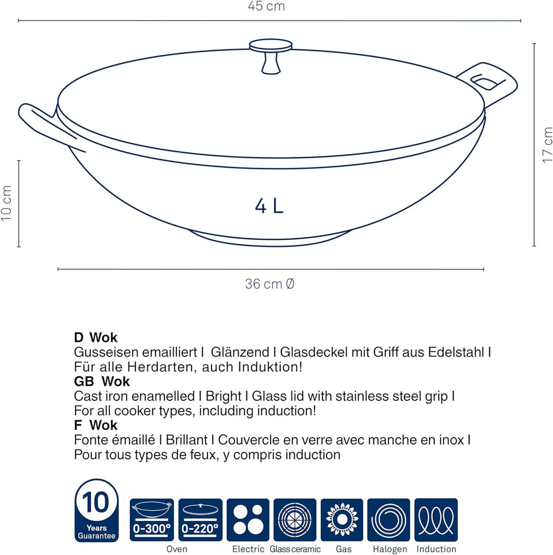 Kela Wok Calido, Ø 36 cm, 4 L, Gusseisen, hellgrau, Allherdboden, rau emailliert, Glasdeckel mit Ede