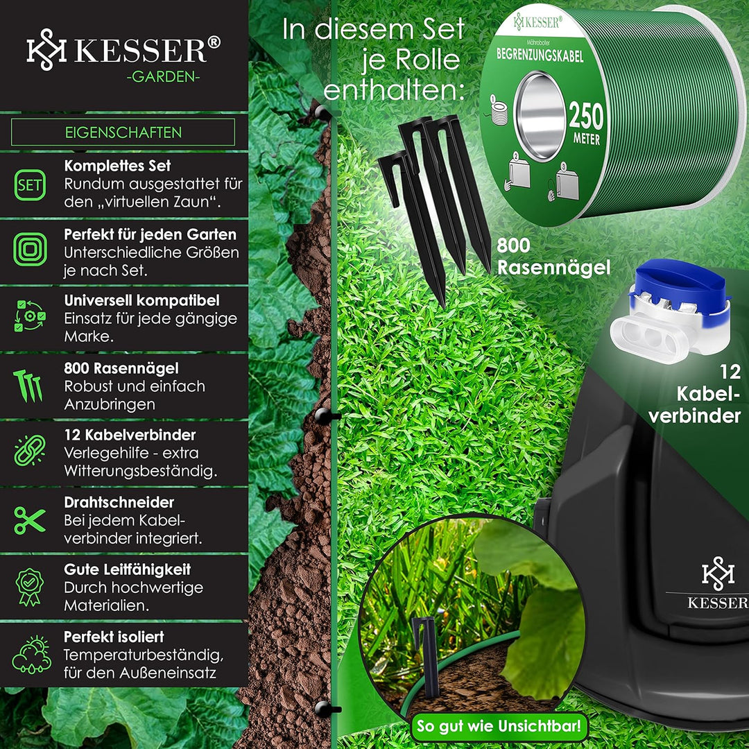 KESSER® Begrenzungskabel 750m + 2400 Erdspiesse + 36 Kabelverbinder für Mähroboter Rasenmäher Rasenr