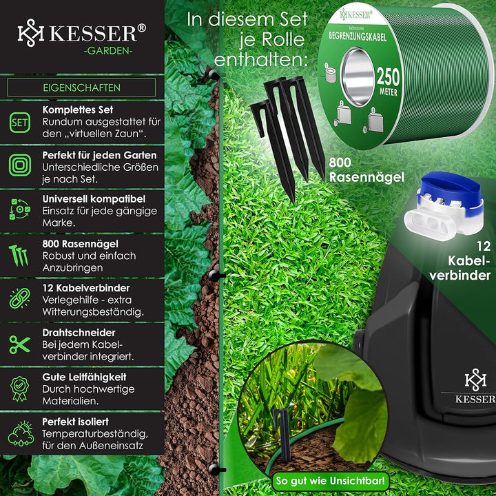 KESSER® Begrenzungskabel 750m + 2400 Erdspiesse + 36 Kabelverbinder für Mähroboter Rasenmäher Rasenr