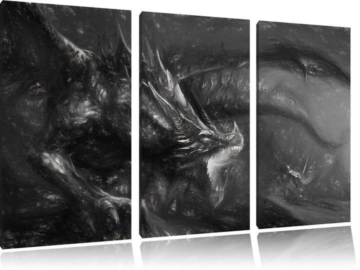 Pixxprint Kampf zwischen Mensch und Drache als Leinwandbild/Grösse: 3 Teilig (120x80 cm) cm/Wandbild