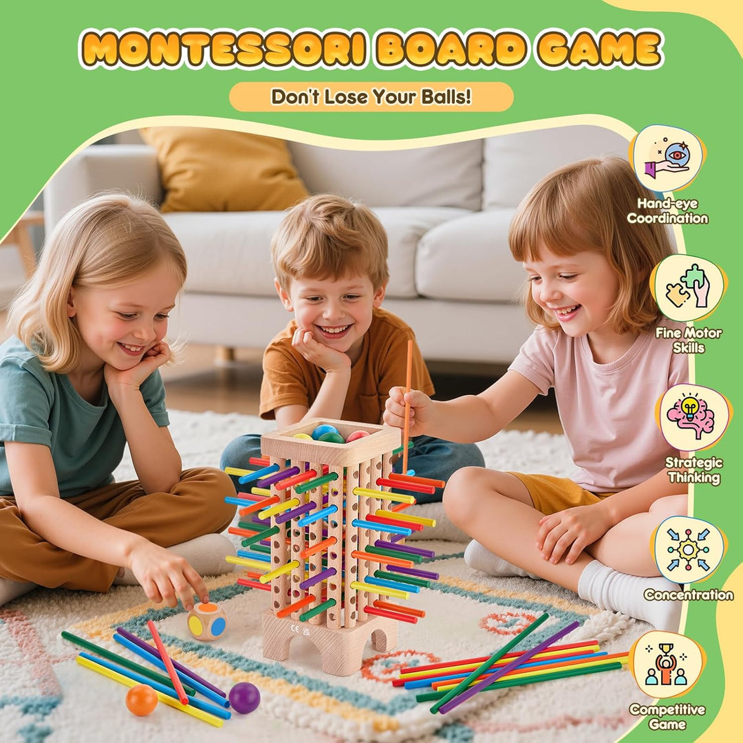 Montessori Spiel Brettspiel aus Holz, 42 Bunte Holzstäbchen Spiele ab 3 Jahren Würfelspiel, Mathe &