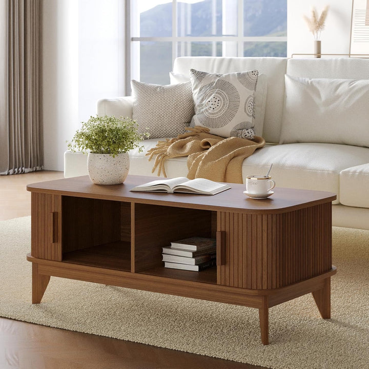 YOUDENOVA Couchtisch Holz mit Stauraum,Modern Wohnzimmertisch mit Schiebetüren im Tambour-Design,Bei