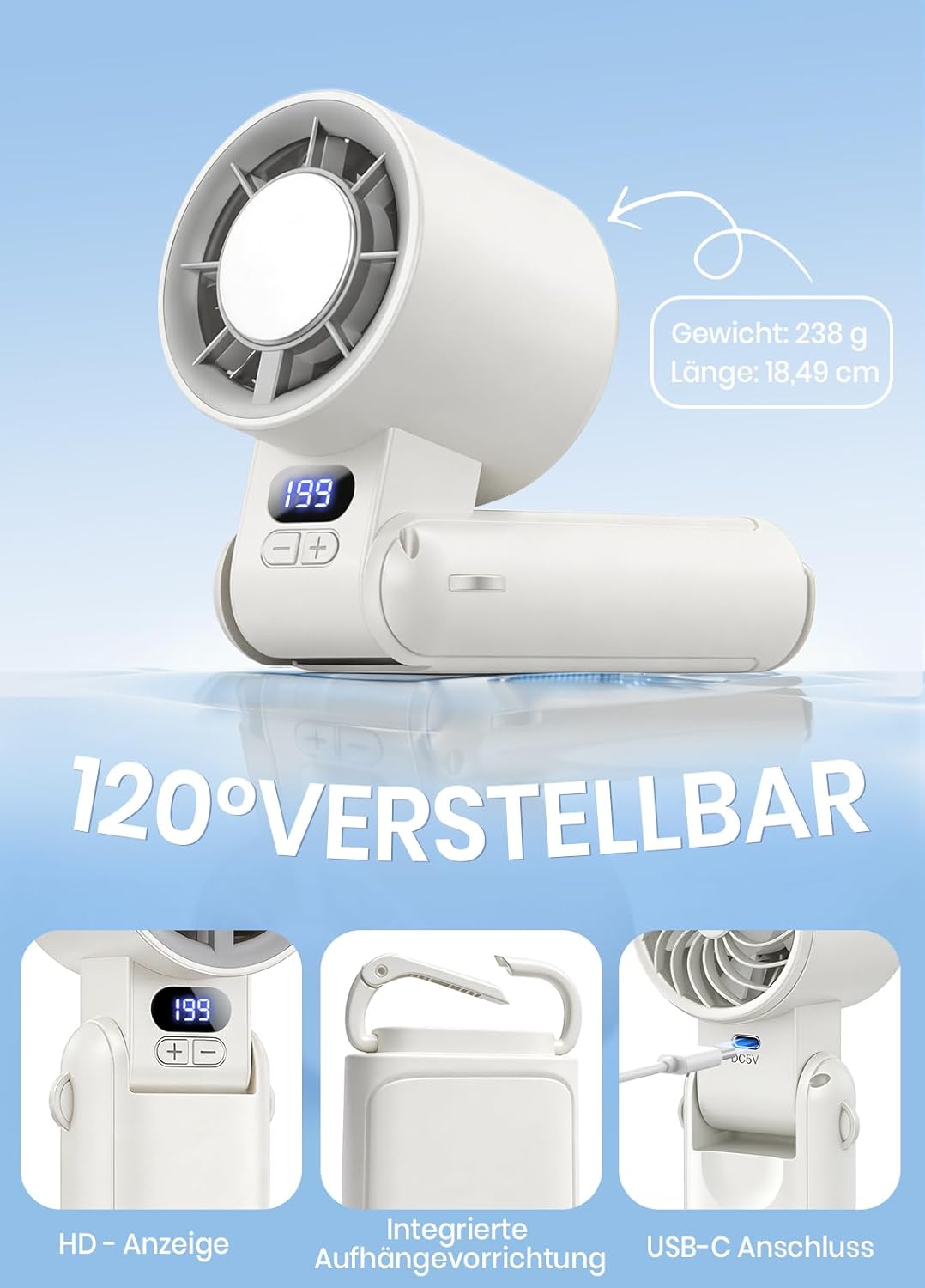 Handventilator Akku aufladbar mit LED-Display & Clip, 1-199 Stufen, 3-in-1 Ventilator für Hand, Nack